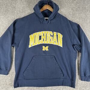 Vtg University of Michigan Wolverines Hoodie Mens 2XL Blue Pullover Embroidered